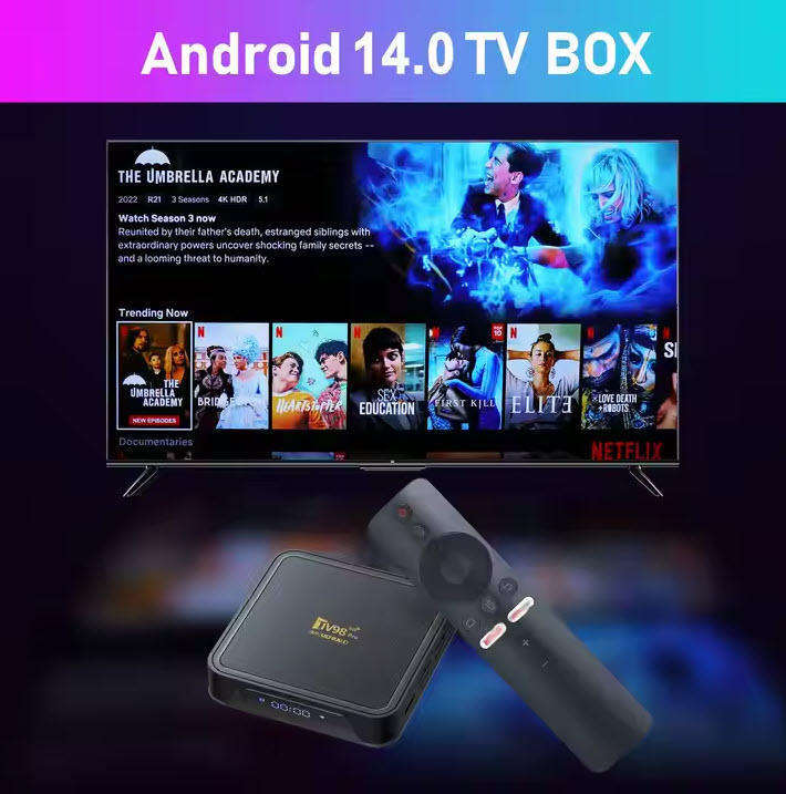 Android 14 8K TV98 with 2GB Ram TV Box & ATV OS, H313 Cpu Dual Band WiFi, BT5.2