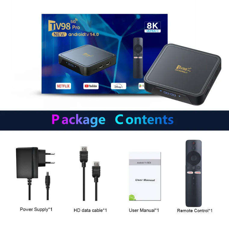 Android 14 8K TV98 with 2GB Ram TV Box & ATV OS, H313 Cpu Dual Band WiFi, BT5.2