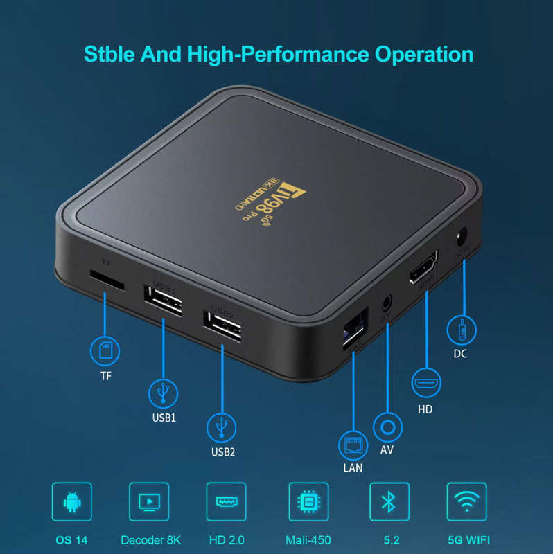 Android 14 8K TV98 with 2GB Ram TV Box & ATV OS, H313 Cpu Dual Band WiFi, BT5.2