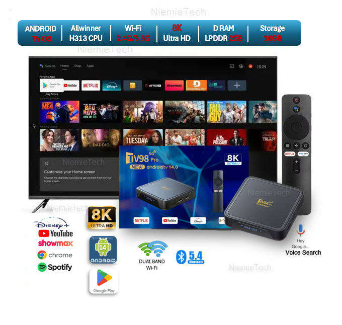 Android 14 8K TV98 with 2GB Ram TV Box & ATV OS, H313 Cpu Dual Band WiFi, BT5.2