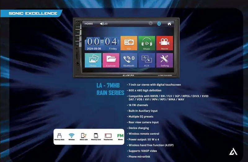 Lumina Audio 7 Inch car stereo with digital touchscreen and Mirror Link