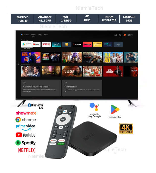 Latest Gen Android 10 TVOS 4K U16  Plus 2GB Ram with 16GB Rom Quad Core Cpu 5G WiFi, BT5.2 Tv Box