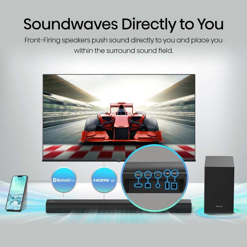 Hisense 2.1Ch 140W Bluetooth Sound Bar with Wireless Subwoofer