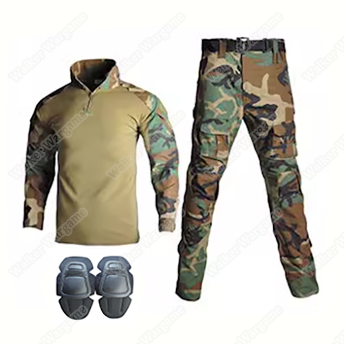 Size L- Combat Set Shirt & Pants Build in Elbow & Knee Pads - US Navy SEAL Woodland
