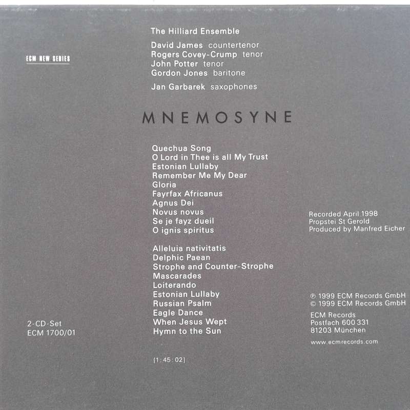 Jan Garbarek / The Hilliard Ensemble - Mnemosyne [2 CD] (ECM - Contemporary/Renaissance)