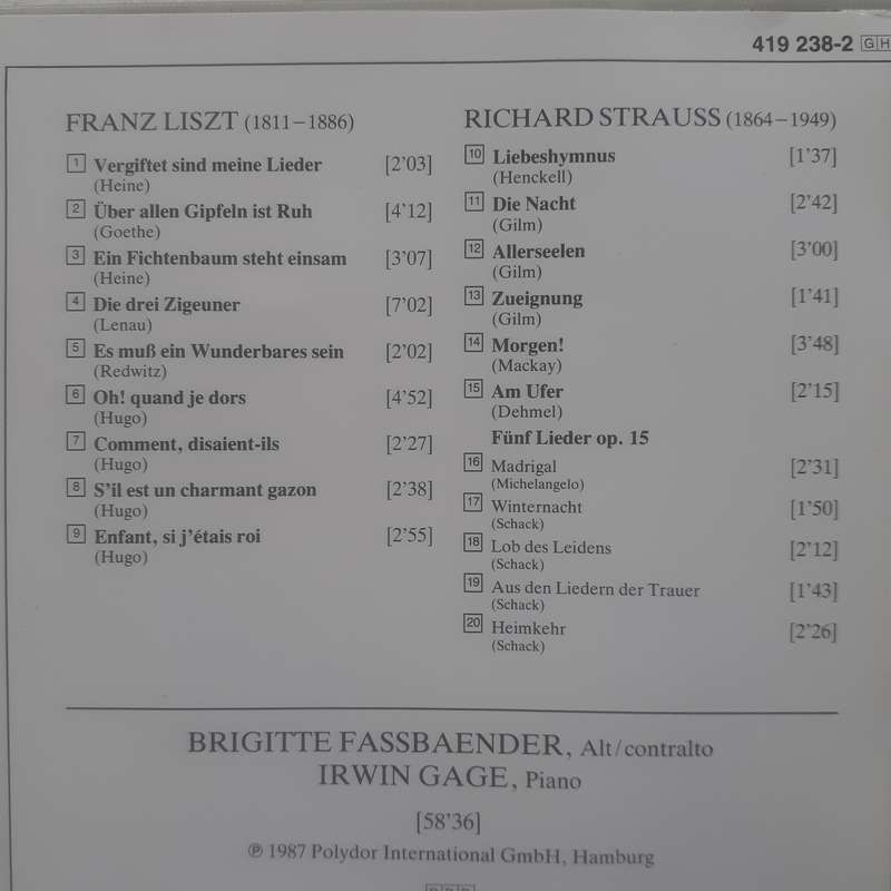 Liszt / Strauss / Fassbaender / Gage - Lieder [Import CD] (1987)