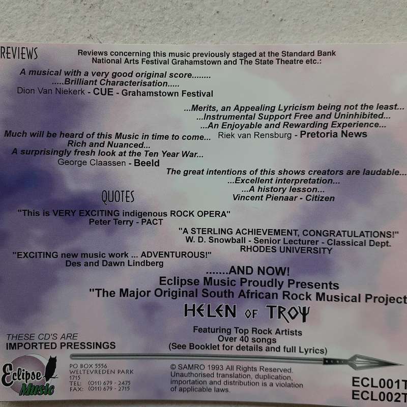 Helen Of Troy: The Rock Opera (South African Rock Musical Project) (2CD) (1993)