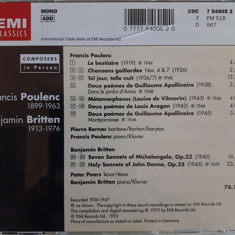 Poulenc, Britten, Bernac, Pears - Le Bestiaire, Tel Jour, Telle Nuit, 9 Mélodies....