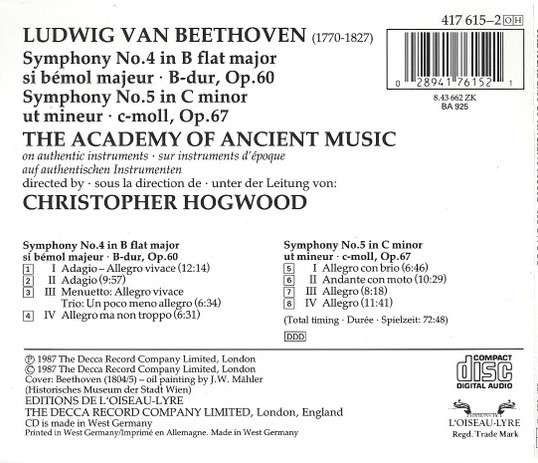 Beethoven / The Academy Of Ancient Music / Hogwood - Symphonies 4 & 5 (1987)