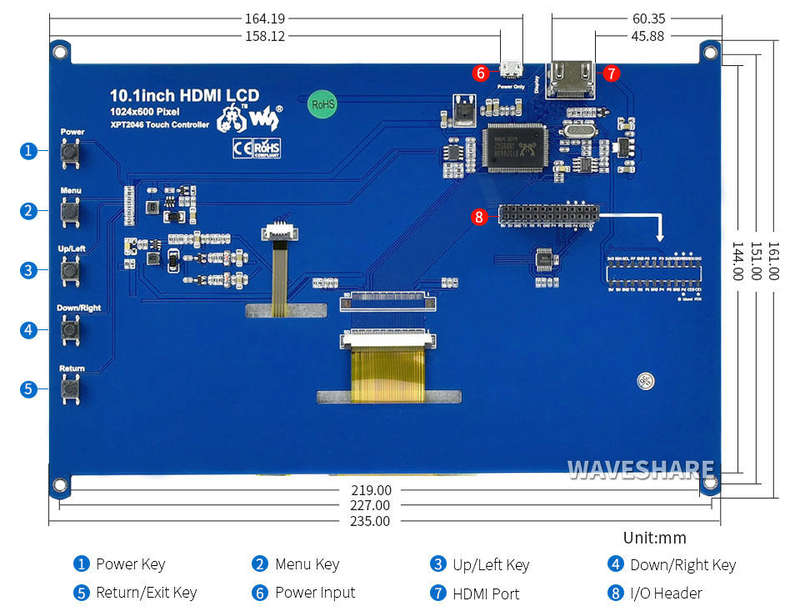 10.1inch Resistive Touch Screen LCD, 1024×600, HDMI, IPS, Supports Raspberry Pi / PC