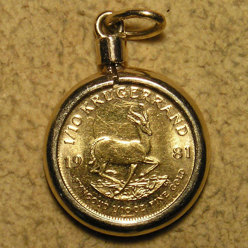 1981 Gold 1/10 oz  Krugerrand Framed in an 18ct Gold Bezel Mount as a Pendant