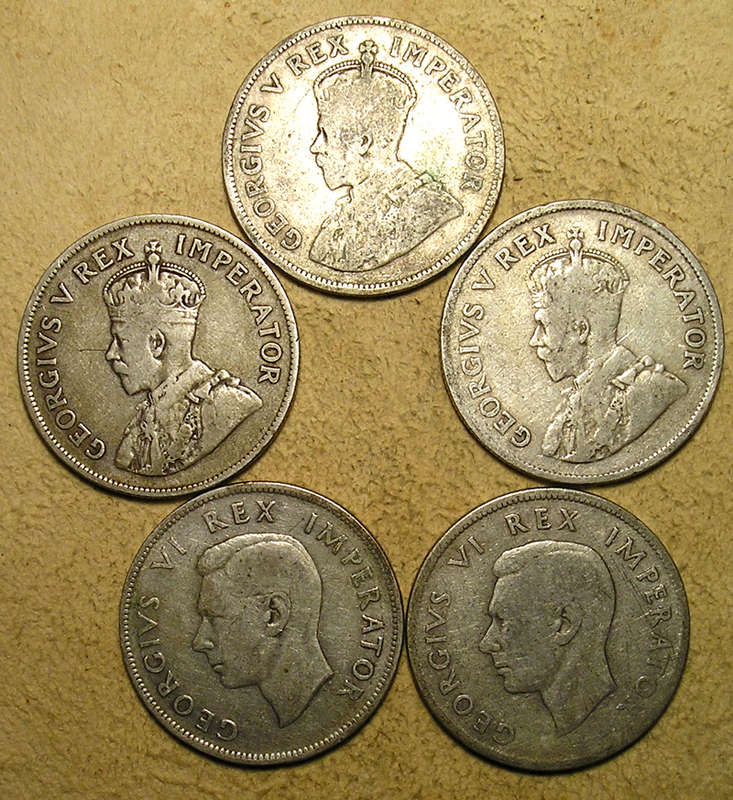 SA Union: 5 x Silver (80%) 2 1/2 Shillings * Bid per Coin to take All *