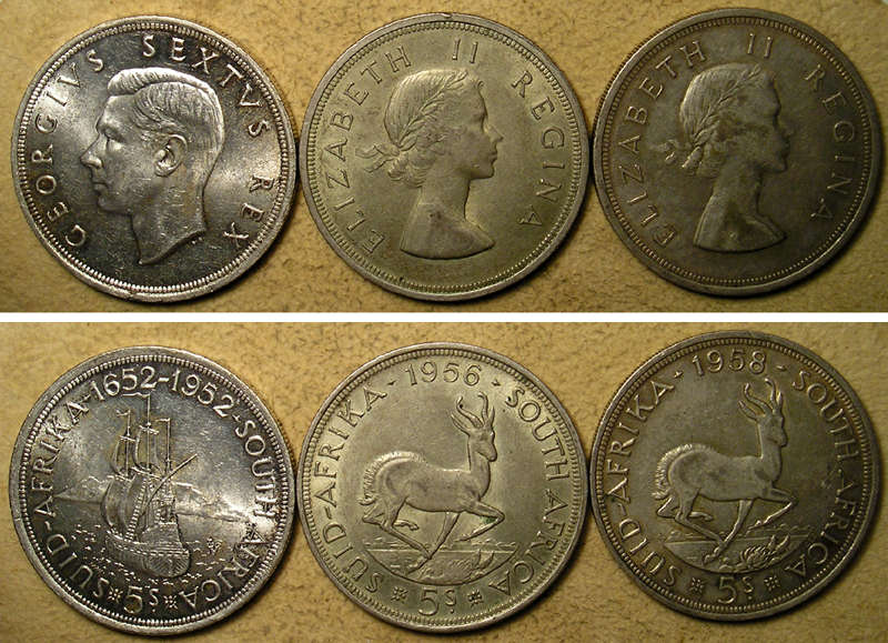 1952, 1956, 1958 SA Union Silver 5 Shillings