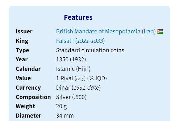 Iraq: 1932 (AH 1350) King Faisal I Silver 1 Riyal