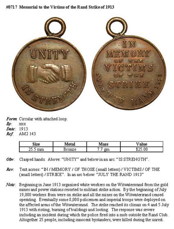 South Africa: 1913 Memorial Medal for the Victims of the Rand Strike * SCARCE *