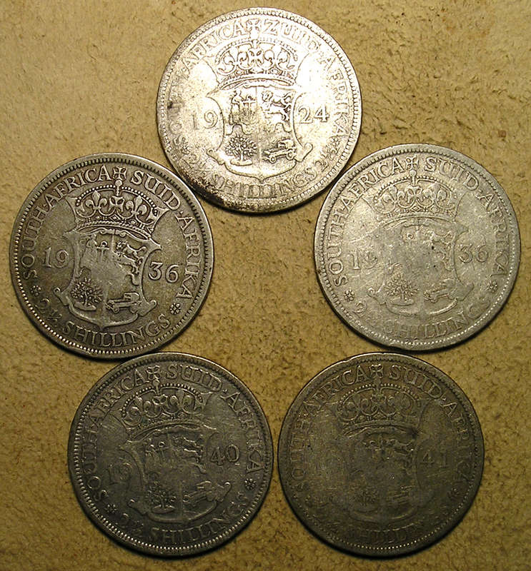 SA Union: 5 x Silver (80%) 2 1/2 Shillings * Bid per Coin to take All *