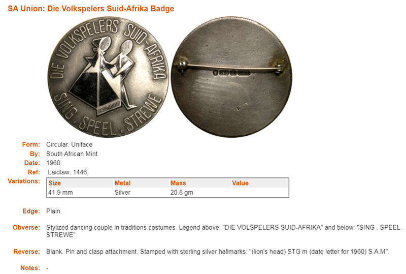 1960 Die Volkspelers Suid-Afrika Silver Badge