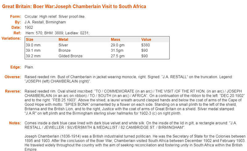 Great Britain: 1902 Boer War: Joseph Chamberlain Visit to South Africa, Silver Medal * RARE *