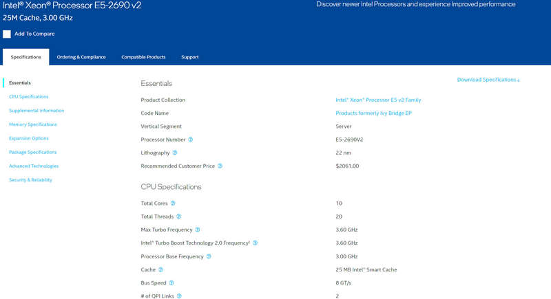 Intel® Xeon® Processor E5-2690 v2 25M Cache, 3.00 GHz
