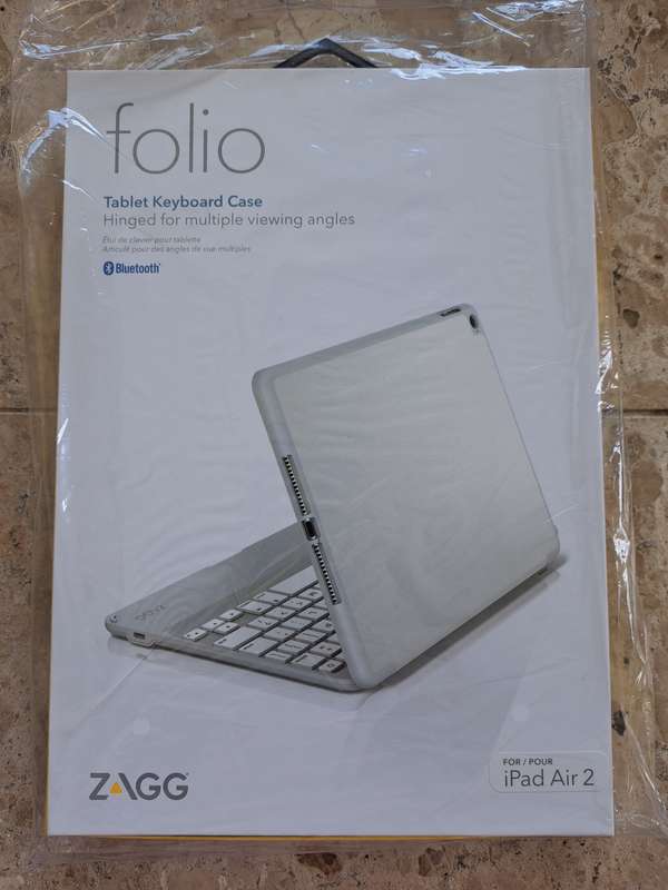 Zagg Folio Cover, Hinged Keyboard compatible with iPad Air2 -White (Second Generation) New