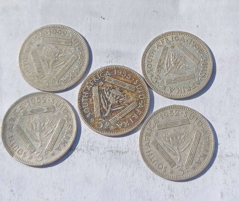 South Africa 5 x 3D Threepence 1956, 1955, 1952(3)