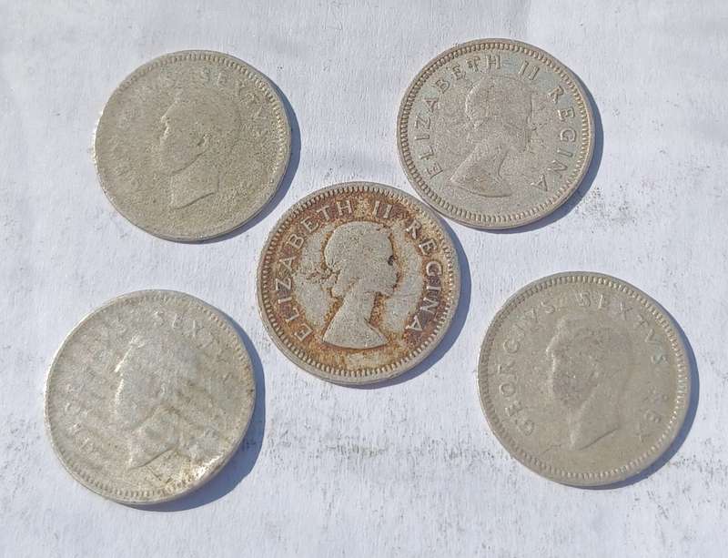 South Africa 5 x 3D Threepence 1956, 1955, 1952(3)