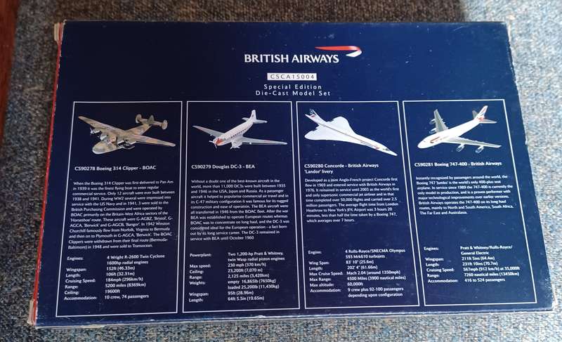 Corgi Special edition ~  Dc3-BEA, Boeing Clipper-BA, Concorde-BA & Boeing 747-BA