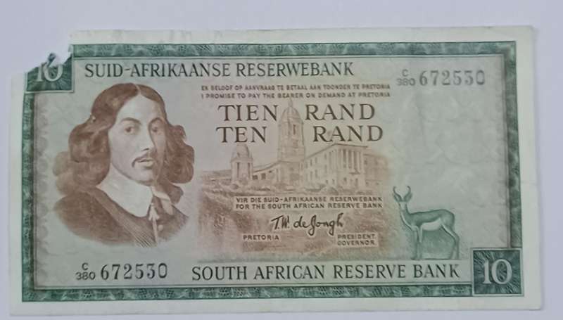 Republic Of South Africa - Ten Rand Afrikaans / English Van Riebeeck water mark (C380)672530