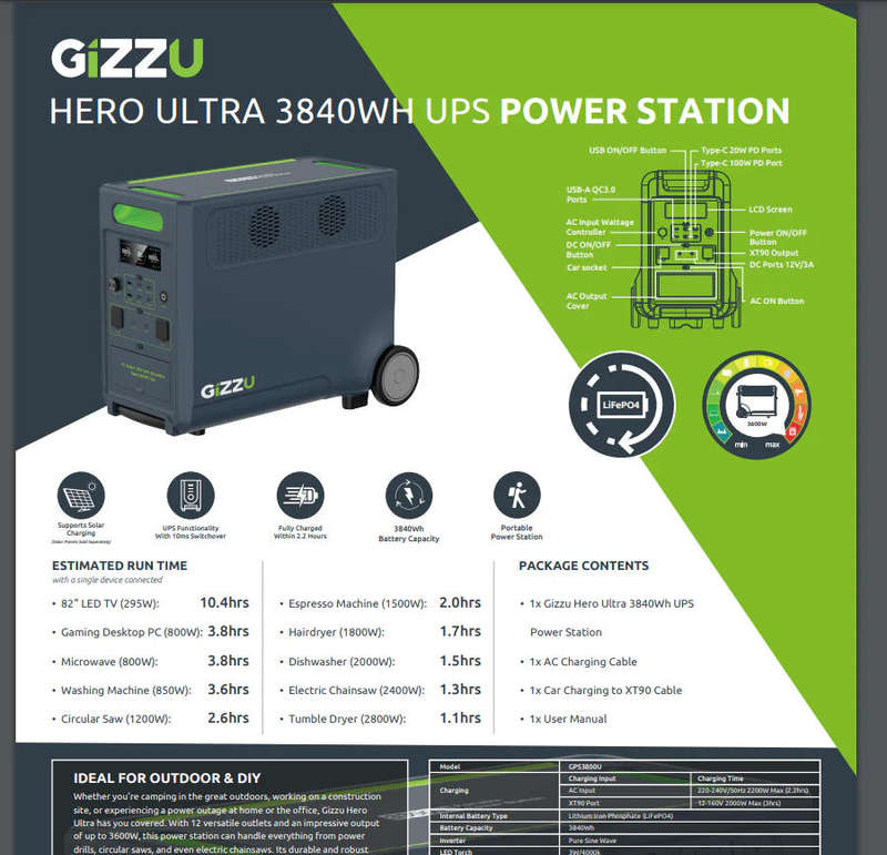 Gizzu Hero Ultra Plus 3840Wh UPS Power Station