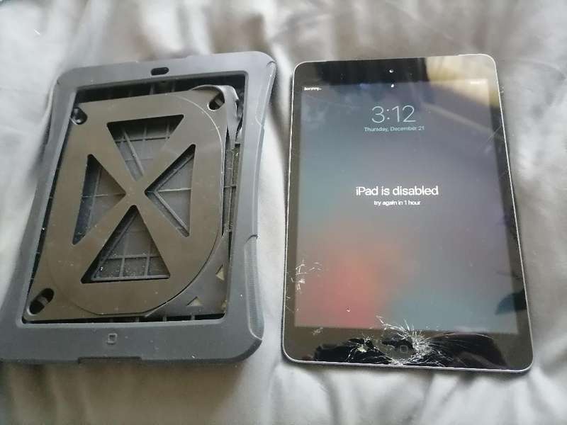 Apple iPad A1490 with pouch, front glass cracked. Sold as is.