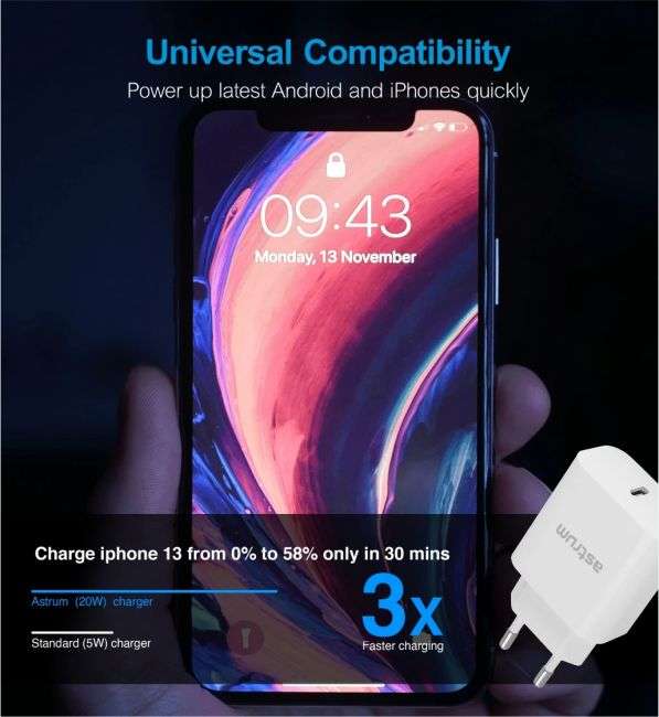 Astrum USB-C 20W Quick Wall Charger With Cable