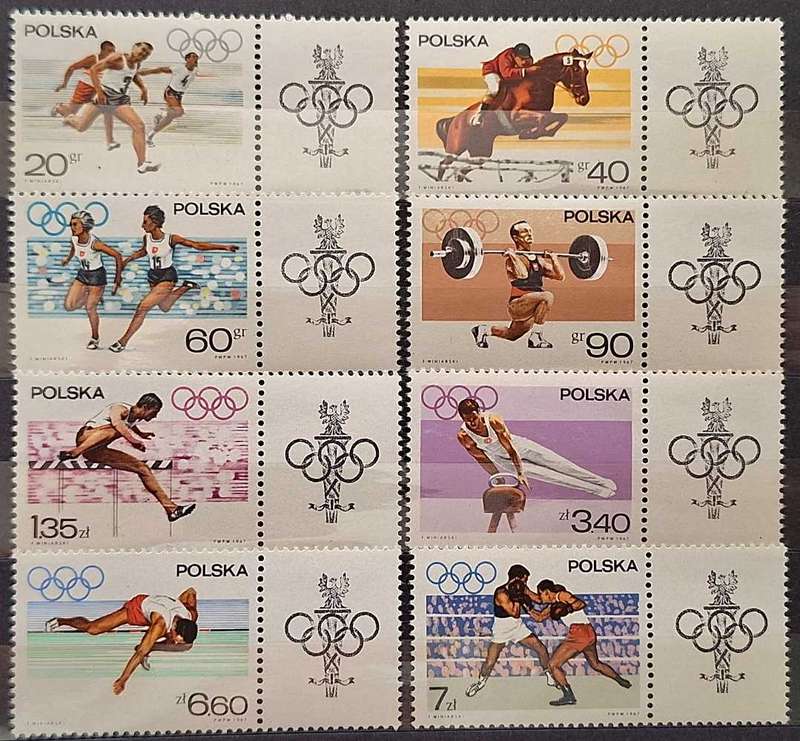 Poland 1967 Olympic Appeal Set of 8 Mint stamps with Tabs