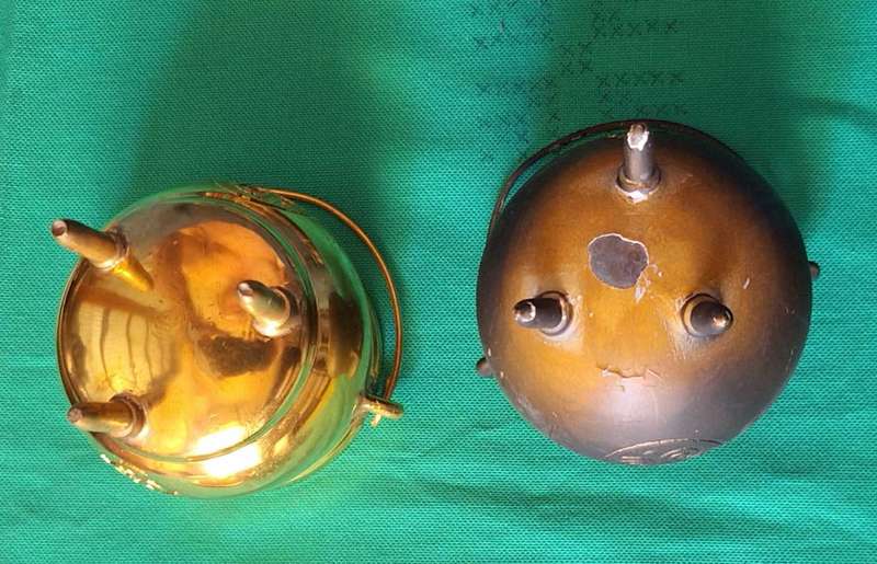 2 Miniature 3 Piece Metal Potjie Pots (One brass finish and One Cast Iron finish)