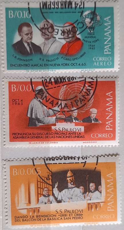 Panama 1966 Popes visit to UNO New York 3 Cancelled stamps from Set of 6