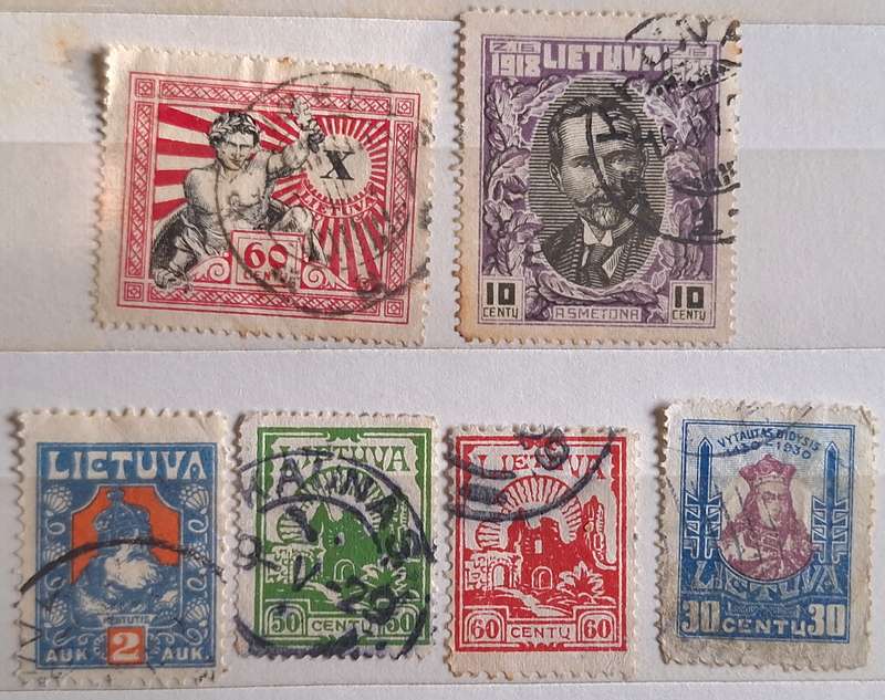 Lithuania Mixed Lot of 1920's and 30's 6 Used Hinged stamps