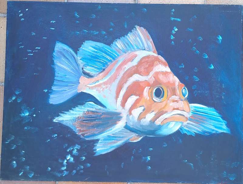 Unframed Painting of Fish on Canvas Panel