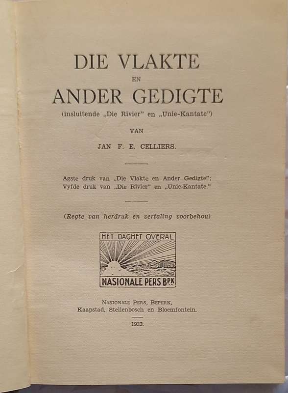 Die Vlakte en Ander Gedigte van Jan F E Celliers Hardeband 1933
