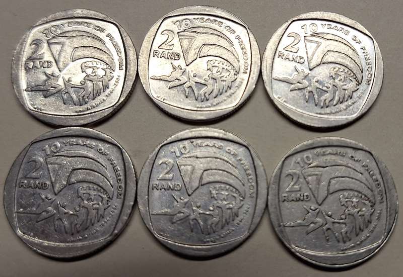 South Africa 2004 6 x R2 10 Years of Freedom Nickel plated copper