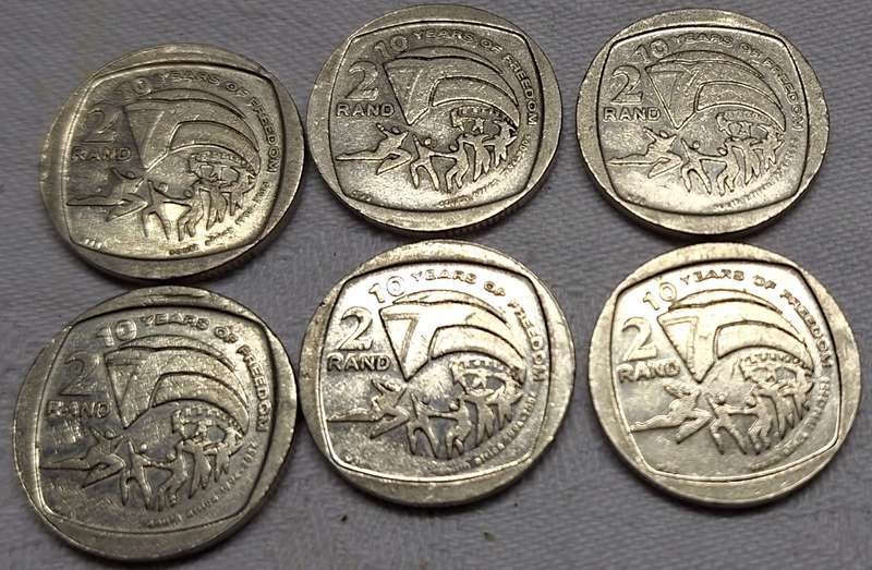 South Africa 2004 6 x R2 10 Years of Freedom Nickel plated copper