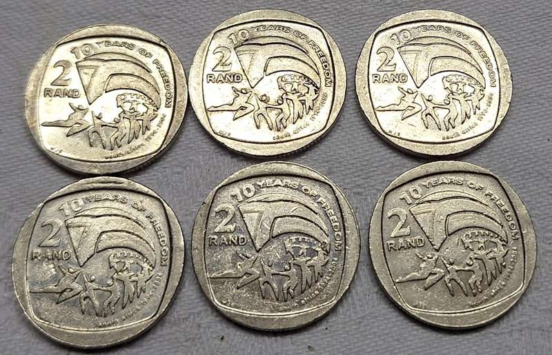 South Africa 2004 6 x R2 10 Years of Freedom Nickel plated copper