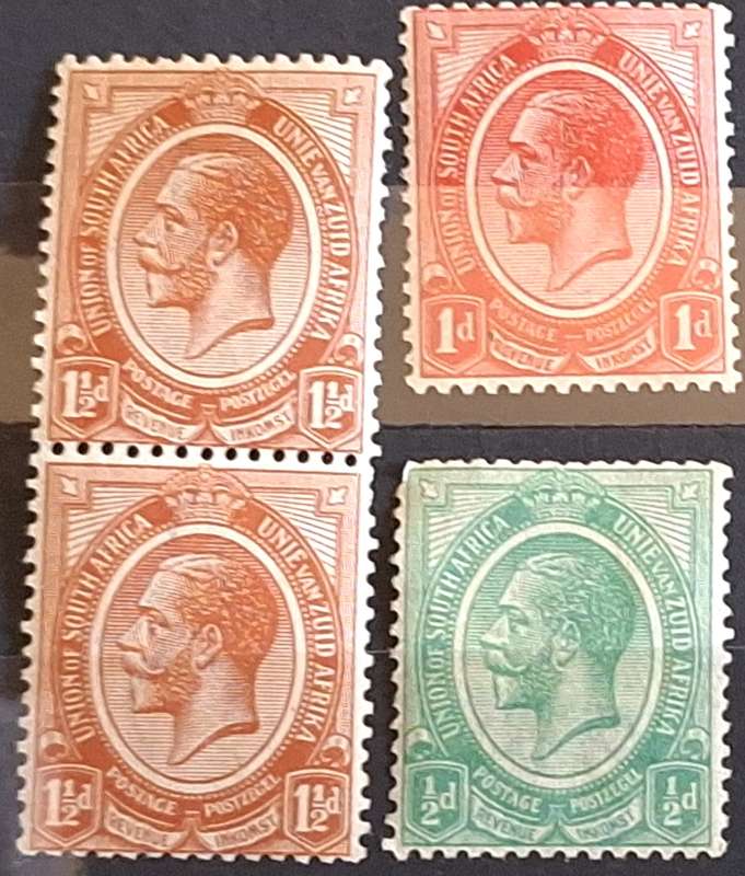 Union of South Africa 1913 George V Pair and 2 Single (1 Hinged) stamps