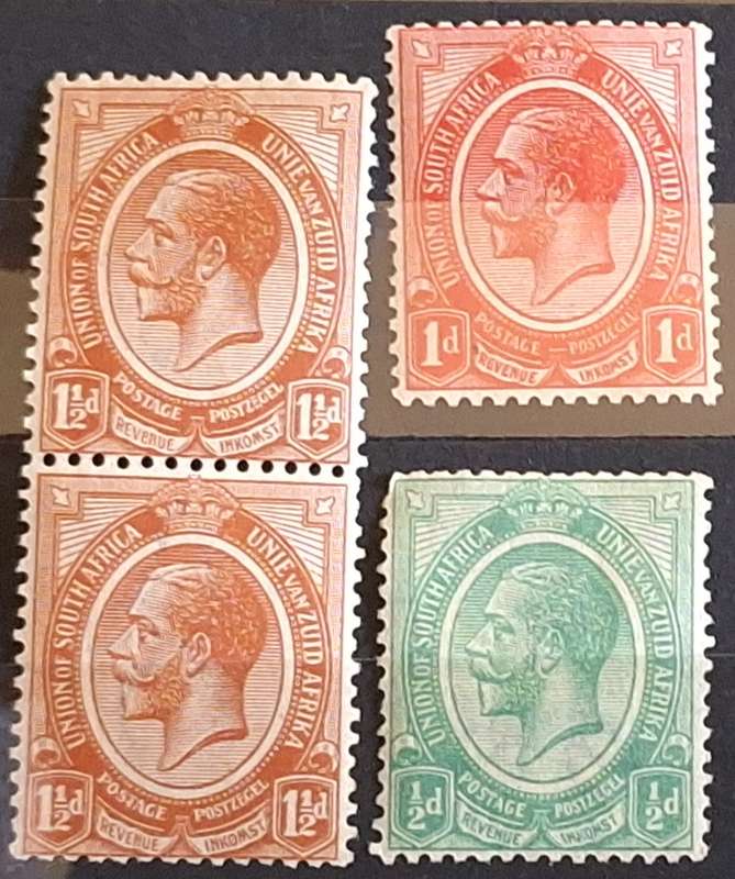 Union of South Africa 1913 George V Pair and 2 Single (1 Hinged) stamps