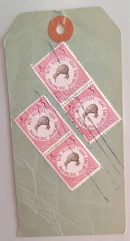 Parcel Label with 4 New Zealand 1959 Scout Jamboree stamps posted from Auckland to Wellington