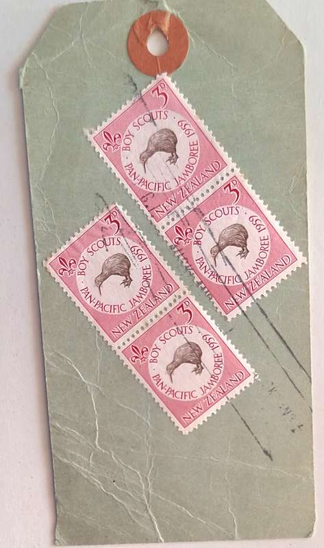 Parcel Label with 4 New Zealand 1959 Scout Jamboree stamps posted from Auckland to Wellington