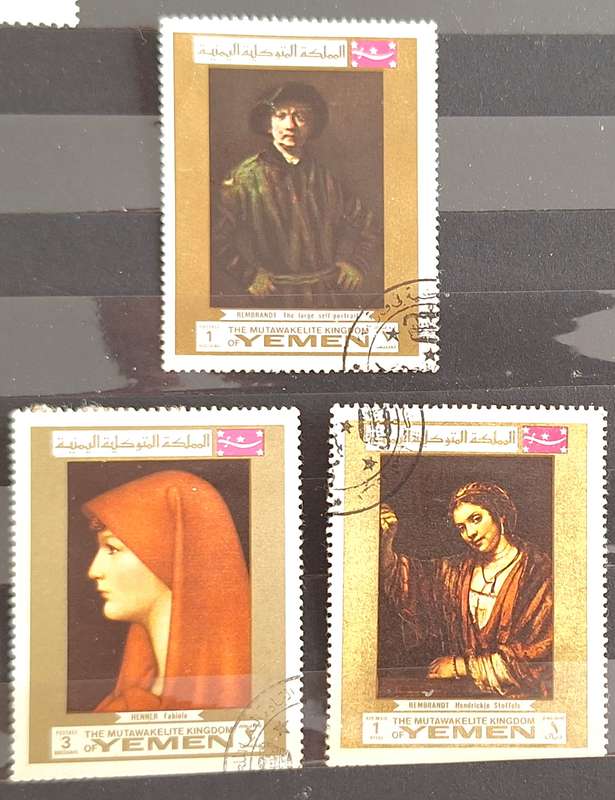 Yemen 1969 Paintings by Rembrandt 2 Used Hinged stamps and Stt Fabiola by Jean Jacques Henner 1 Used
