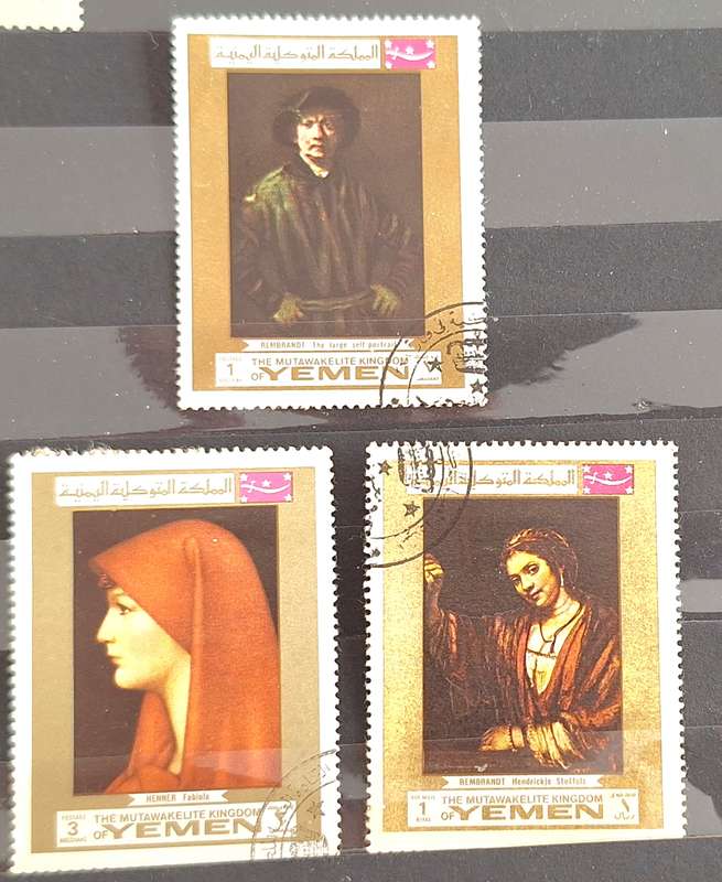 Yemen 1969 Paintings by Rembrandt 2 Used Hinged stamps and Stt Fabiola by Jean Jacques Henner 1 Used