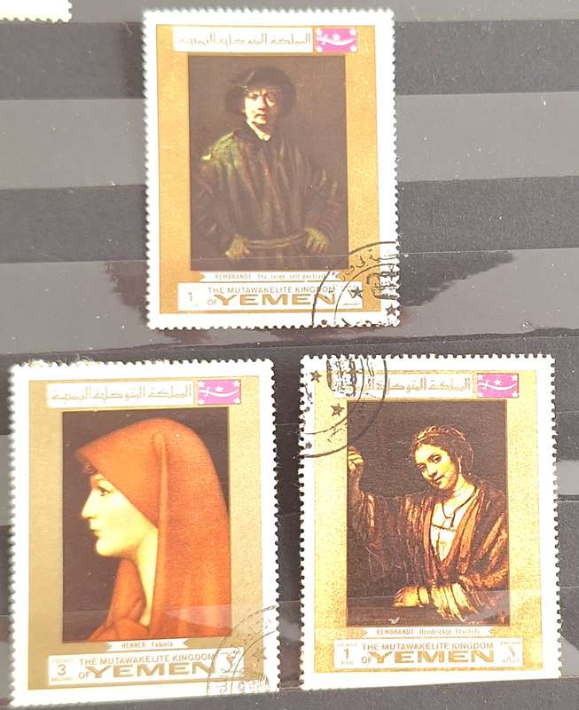 Yemen 1969 Paintings by Rembrandt 2 Used Hinged stamps and Stt Fabiola by Jean Jacques Henner 1 Used