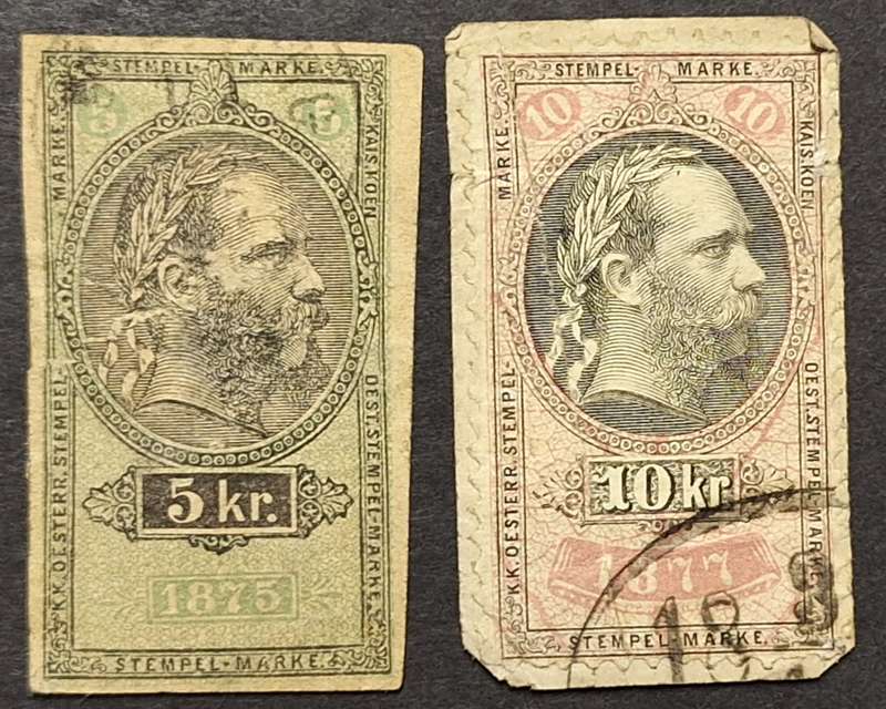 Austria Hungary 1875 and 1977 Franz Joseph I Duty Stamps Used on Paper