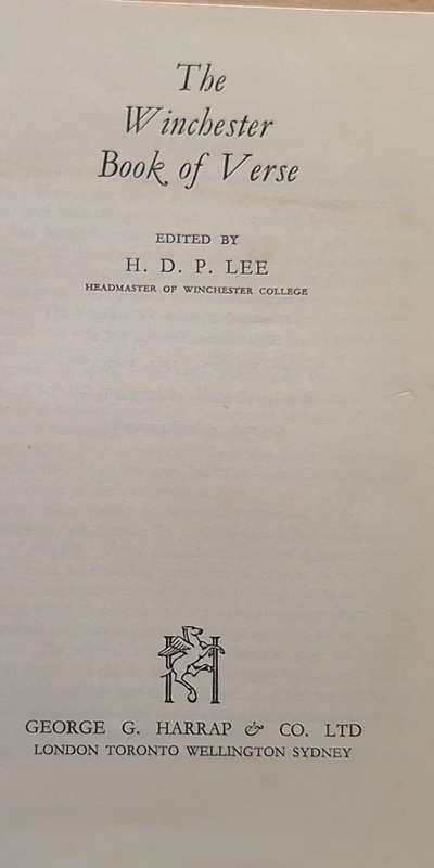 The Winchester Book of Verse Ed: H D P Lee Hardcover 1959