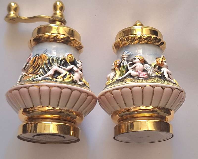Vintage Capodimonte Salt Shaker & Pepper Mill High Relief Cherubs Made in Italy in original box